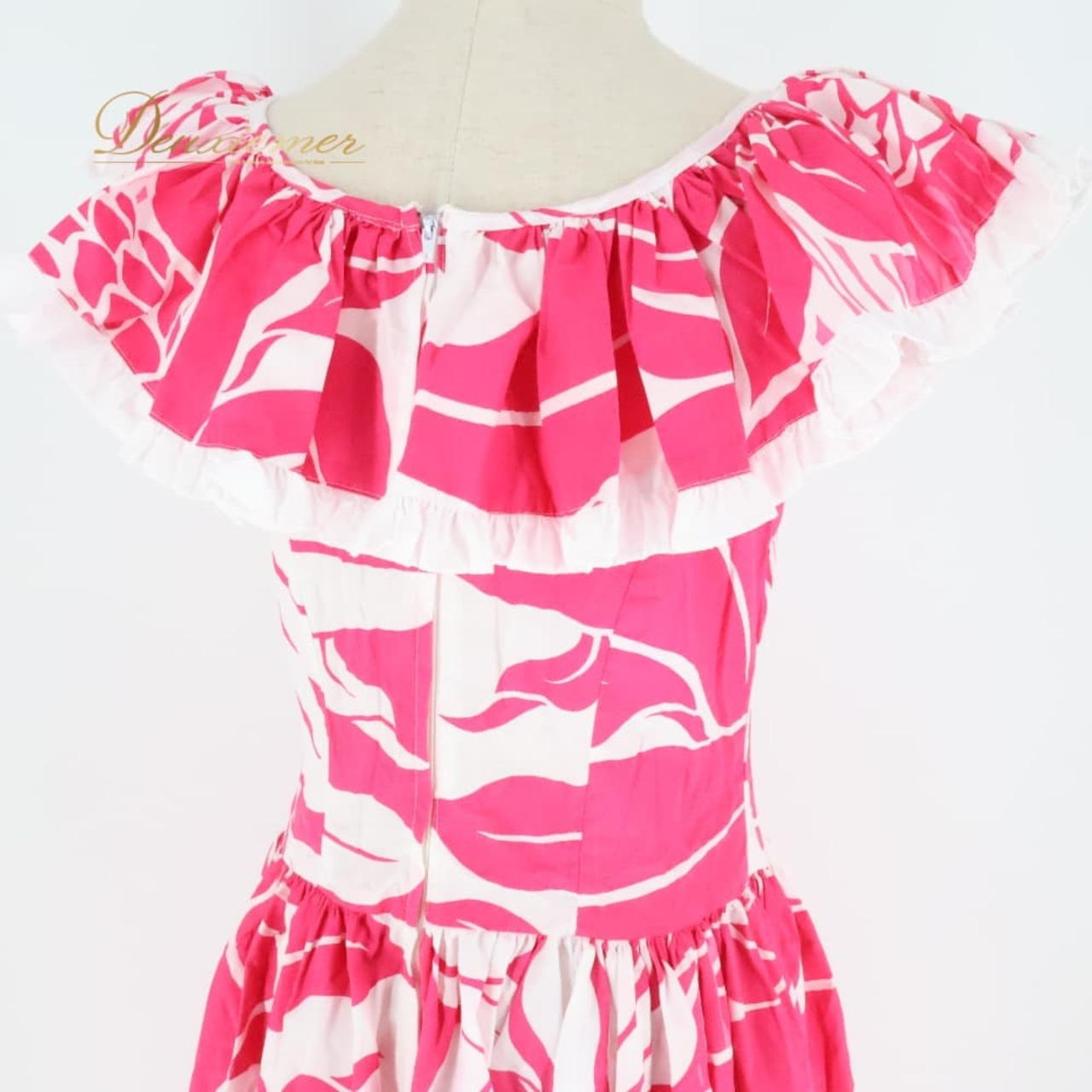 フラダンス 衣装 ワンピース ドレス プカラニファッション ピンク系 ホワイト系 Pukalani Fashion ハワイ製 ツーカラー フリル かわいい 華やか 鮮やか 明るい ラブリー 白 ダンス衣装 レディース ハワイアン アロハ ダンス レッスン 練習