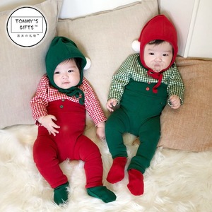 【秋作】クリスマス帽子付チェックトップス＆レギンス3点セット　全2色