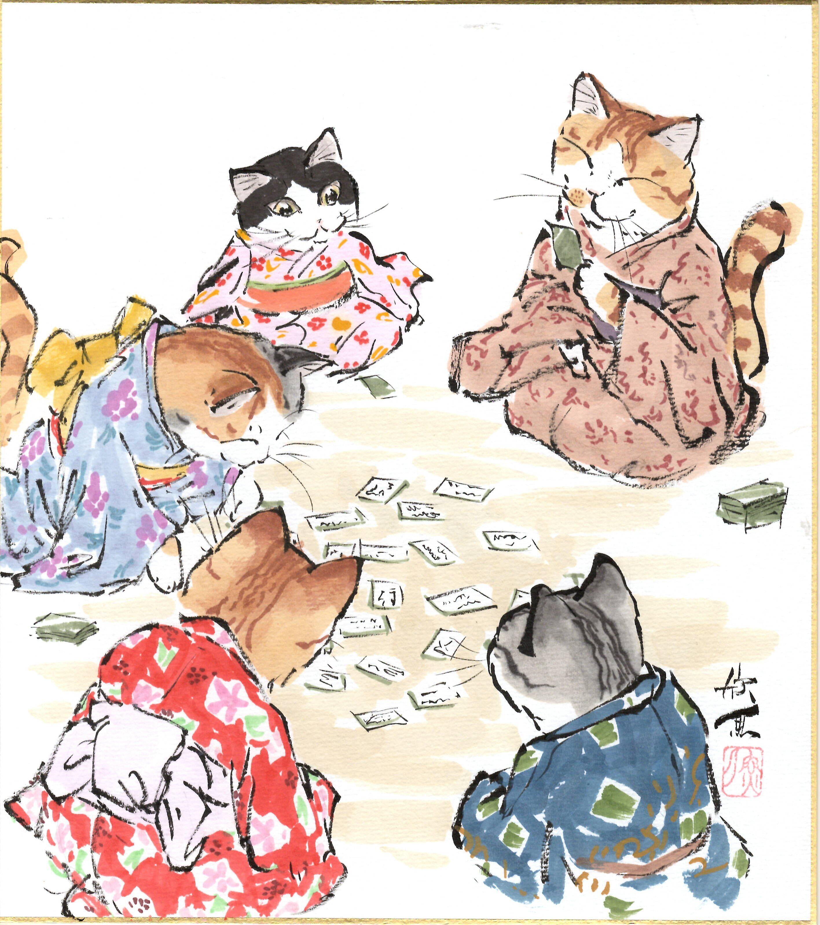 西村欣魚「百人一首猫」色紙絵 | 吉村唐木店 WEBSHOP