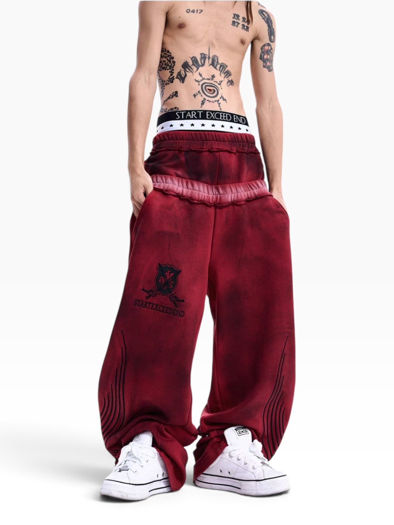 【STARTEXCEEDEND】DOUBLE WAIST EMBROIDERED WIDE LEG SWEATPANTS