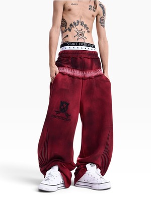 【STARTEXCEEDEND】DOUBLE WAIST EMBROIDERED WIDE LEG SWEATPANTS