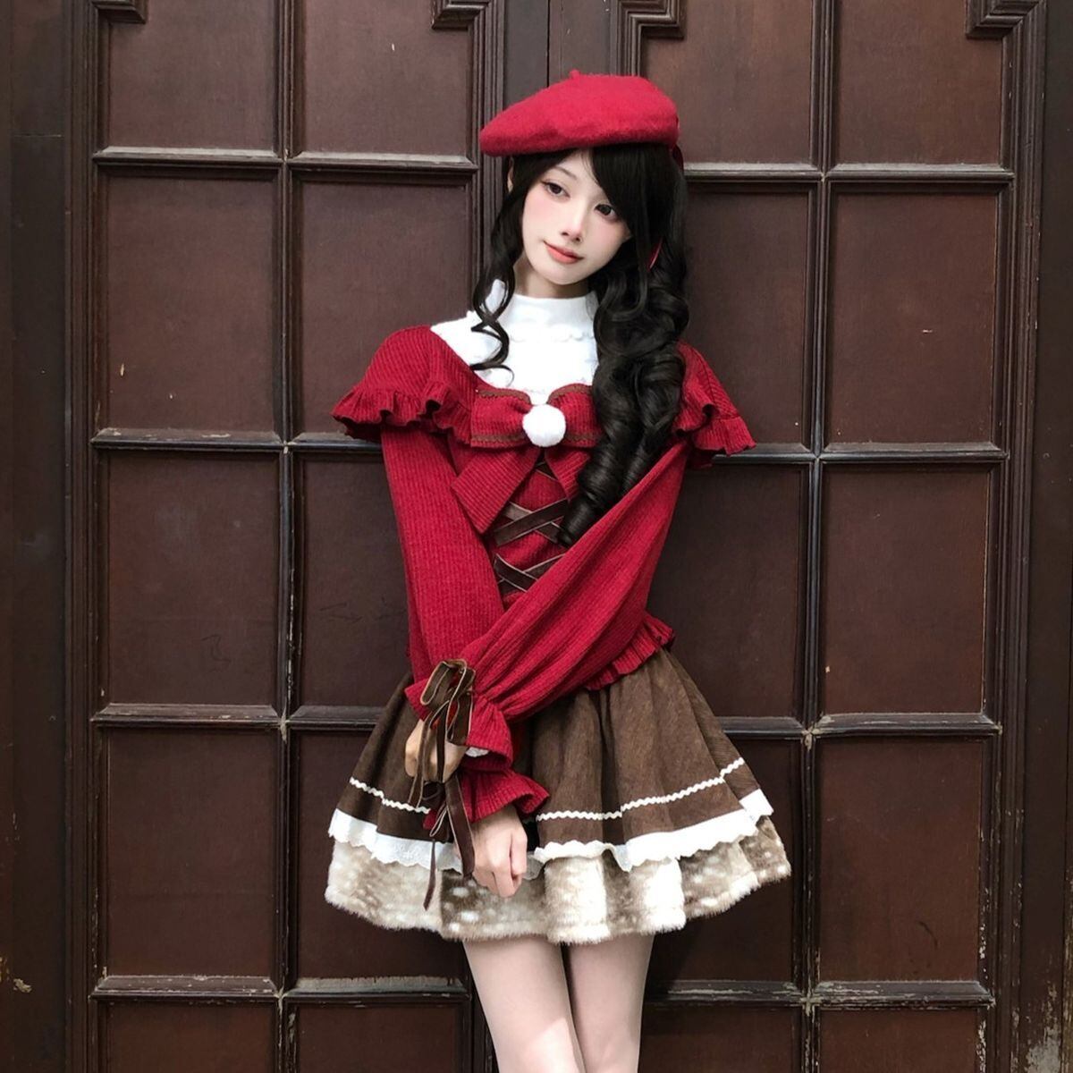 レッドセーターブラウンスカートセットアップ：トップス+セーター