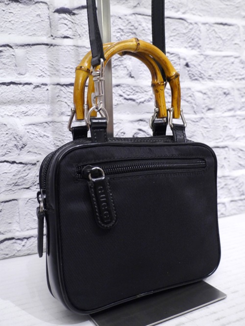 【美品】GUCCI グッチ ヴィンテージ バンブー ナイロン パテントレザー 2way ミニ ショルダー ハンド バッグ 黒 ブラック 007.2040.0275