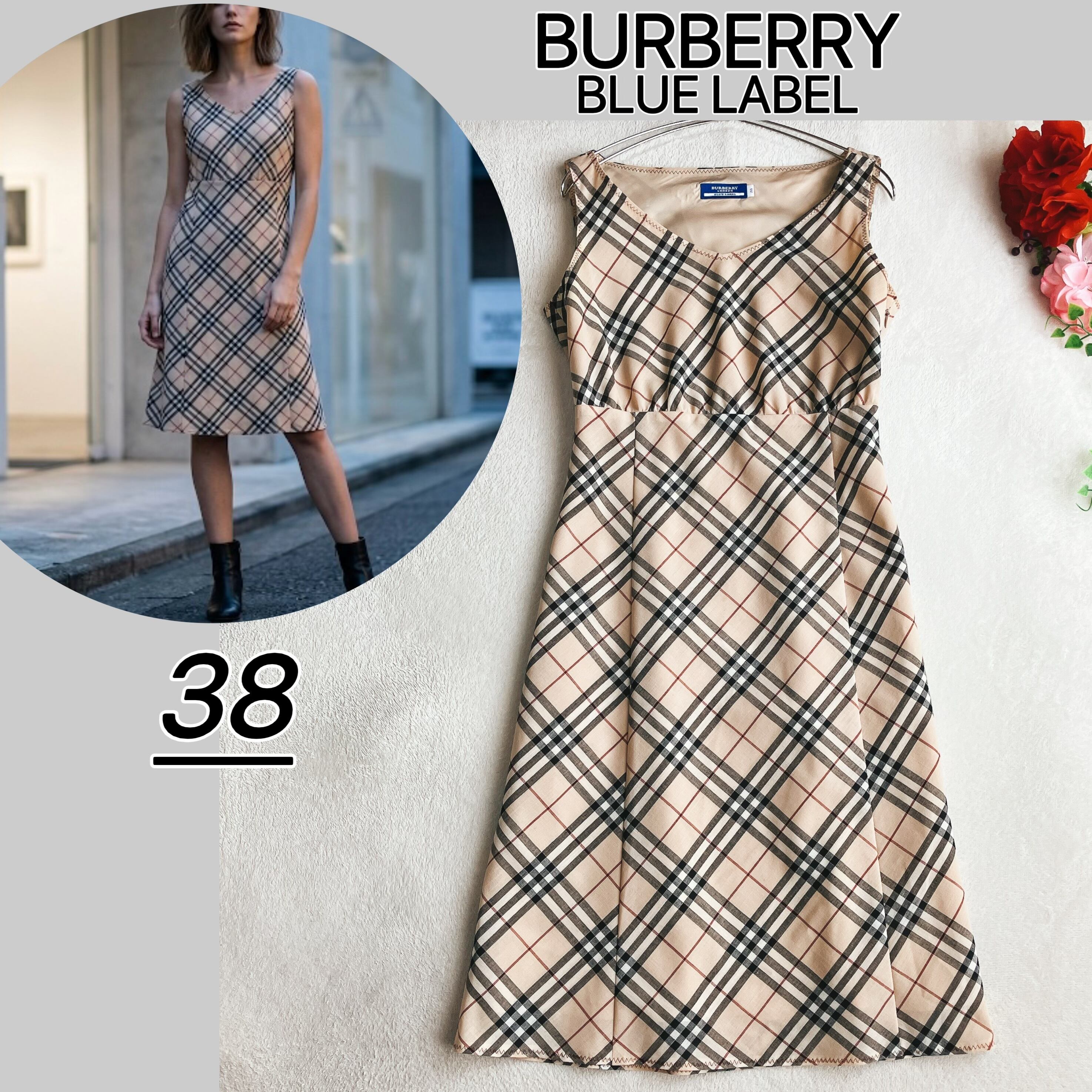 【美品】バーバリーブルーレーベル★ノバチェック Aライン ワンピース Vネック 美品】BURBERRY BLUE LABEL バーバリーブルーレーベル☆ノバチェック A