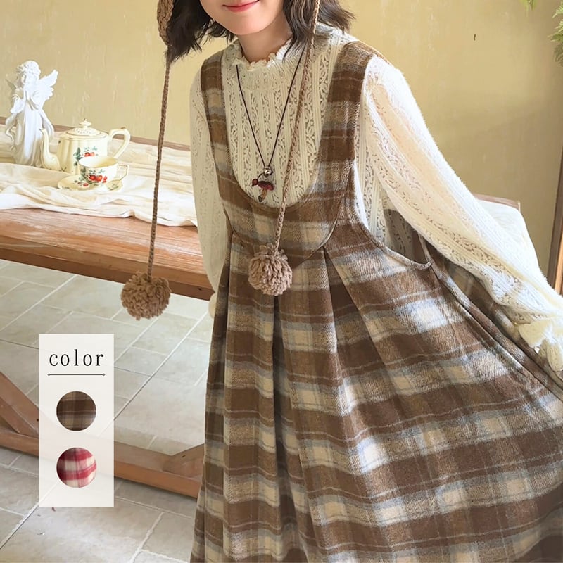 起毛レトロチェック柄ノースリーブワンピース W1566