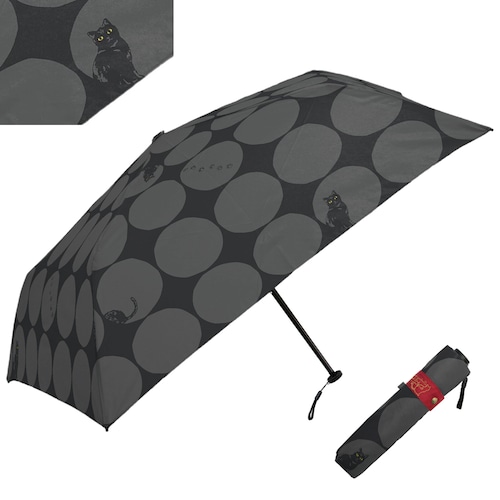 猫傘(超細軽量骨ミニ雨傘おりたたみ大きい水玉と猫)ブラック