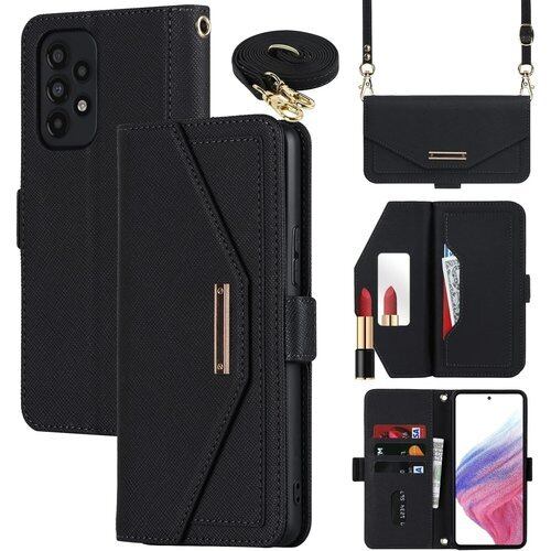 Pelanty for Samsung Galaxy A53 5G 手帳型ケース 縄掛け肩掛け斜めがけ 合成皮革+TPU 携帯カバー 化粧鏡+ストラップ付き マグネット SC-53C SCG15 財布型カバー ICカードポケット お札入れ小銭入れ大容量 収納ポケット スタンド機能 ファスナー付き ギャラクシーA53 5G sc53c 耐衝撃 耐摩擦 落下防止 肩縄付き-ブラック 1795