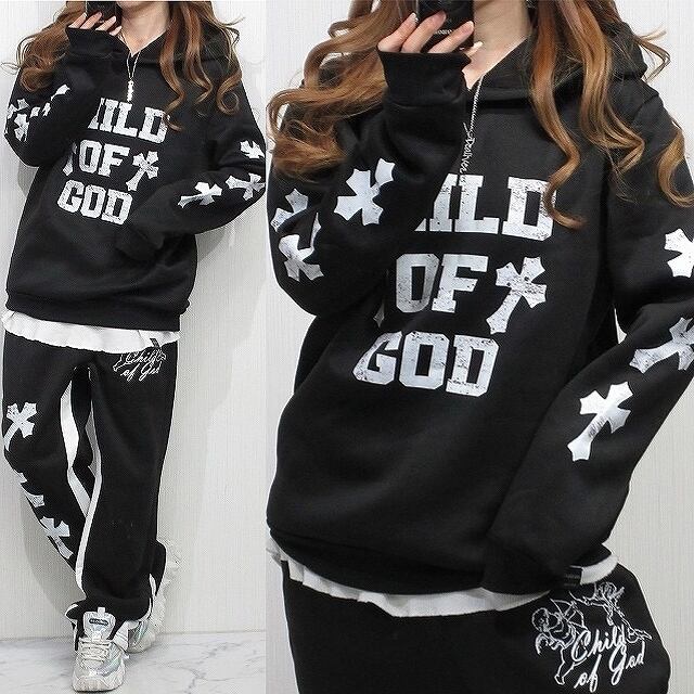 SET UP】ストリート クロス 十字架 ロゴ パーカー＆パンツ 上下