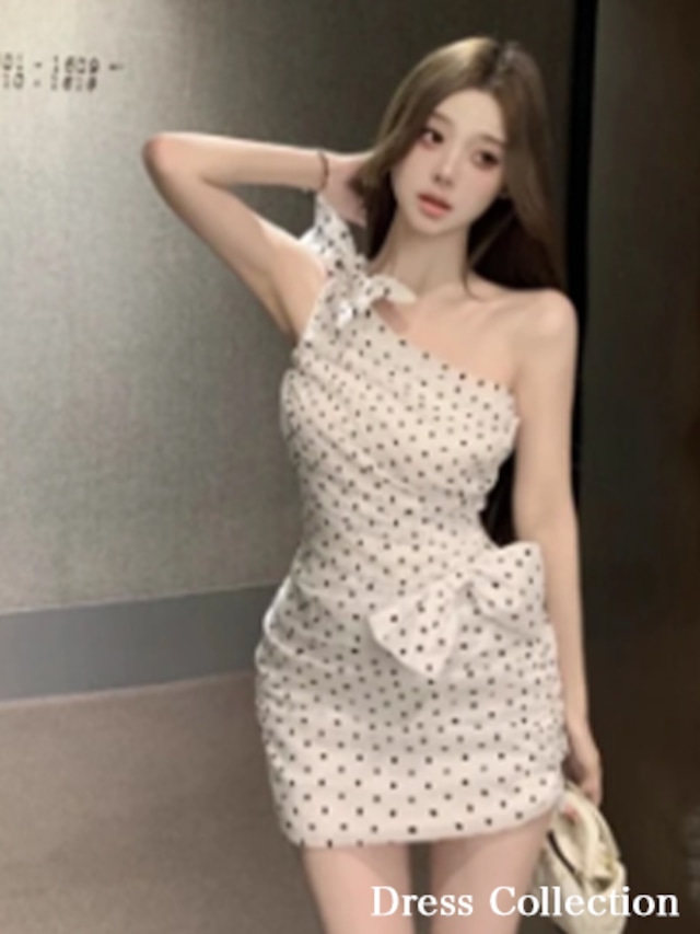 《プチプラ》ワンショルダードット柄ワンピース/キャバドレス/韓国ドレス