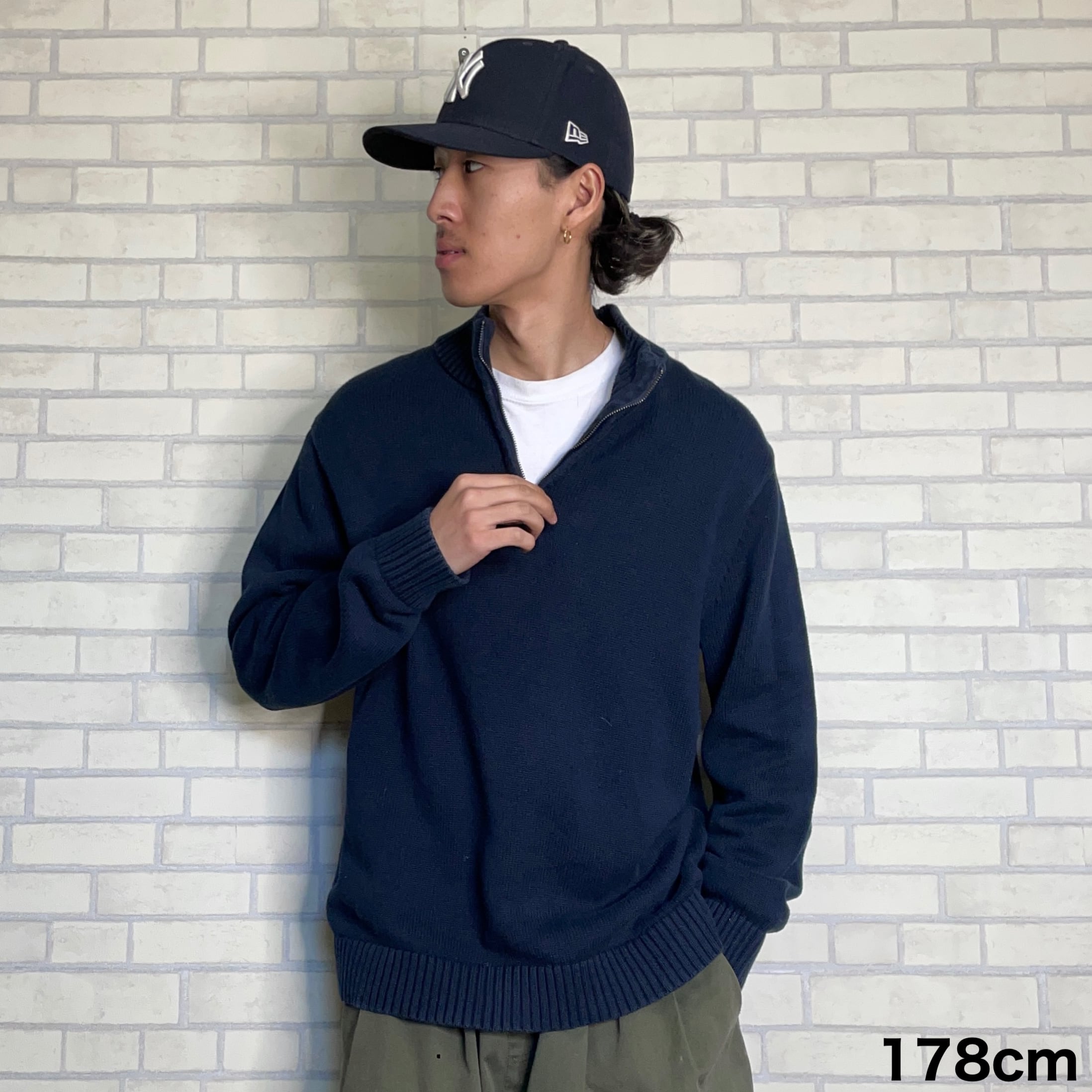 ハーフジップニット XL コットン100% 厚手 ネイビー ジップ持ち手レザー 状態良好 古着屋OLDGREEN