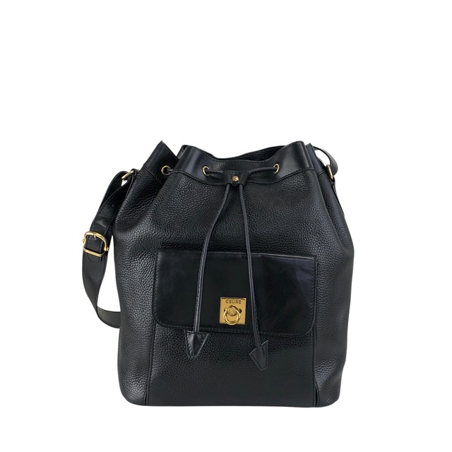 CELINE セリーヌ ショルダーバッグ ブラック ガンチーニ レザー 巾着 フロントポケット vintage ヴィンテージ オールド 3gt2jh