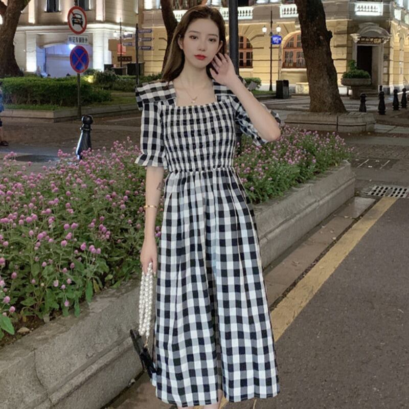 スカート サマー格子柄ロングスリーブ薄手ドレス 大人ガーリー スウィート キュート カジュアル 夏物 スクウェア YY-ファッション19486640758