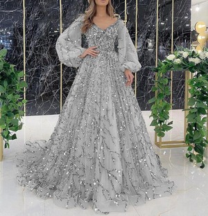 ★送料無料★L(11号)☆ラメ混チュール長袖のロングドレス[OPN1019]