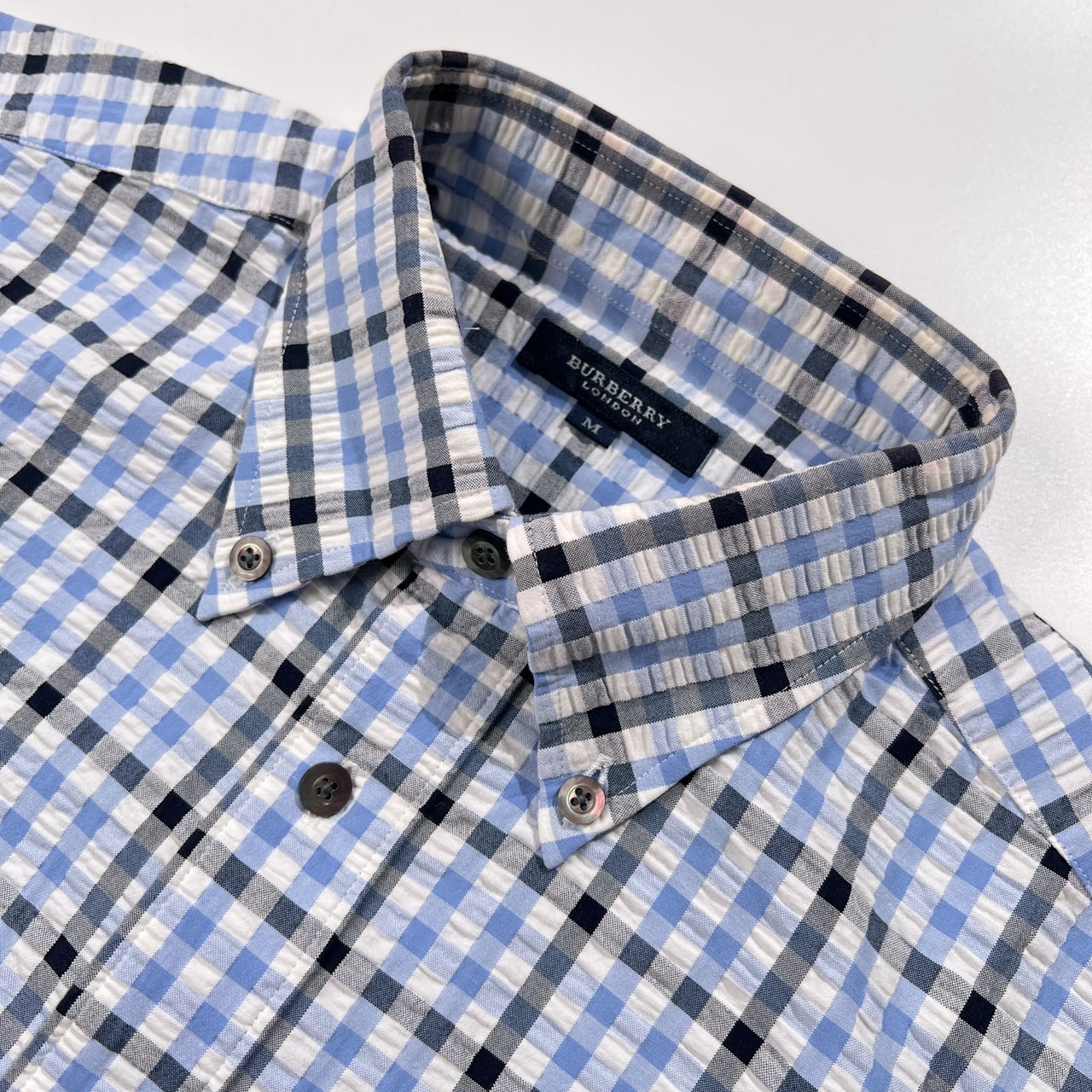 BURBERRY LONDON バーバリー チェック柄 シアサッカー BD 半袖シャツ サイズ M /ブルー系/三陽商会/メンズ