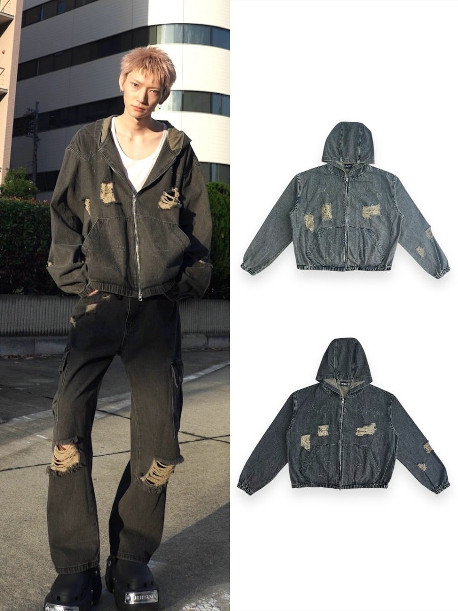 【PLANET STUDIO】damage denim zipup hoodie(2colors)