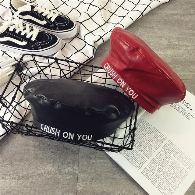 秋冬レターベレーカジュアルオールマッチパーソナリティレザーペインターハットメスブリティッシュフラットトップベレーハットオスタイド ブラック・アイド・ピーズ48680676365