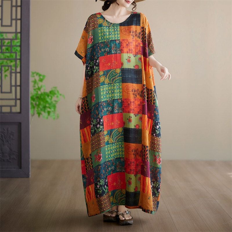 PANEL ROUND NECK SHORT SLEEVE MAXI DRESS M- M-17387
