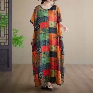 PANEL ROUND NECK SHORT SLEEVE MAXI DRESS M- M-17387