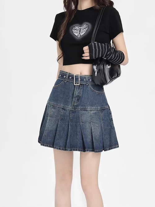 ベルト付きプリーツデニムミニスカート.2302
