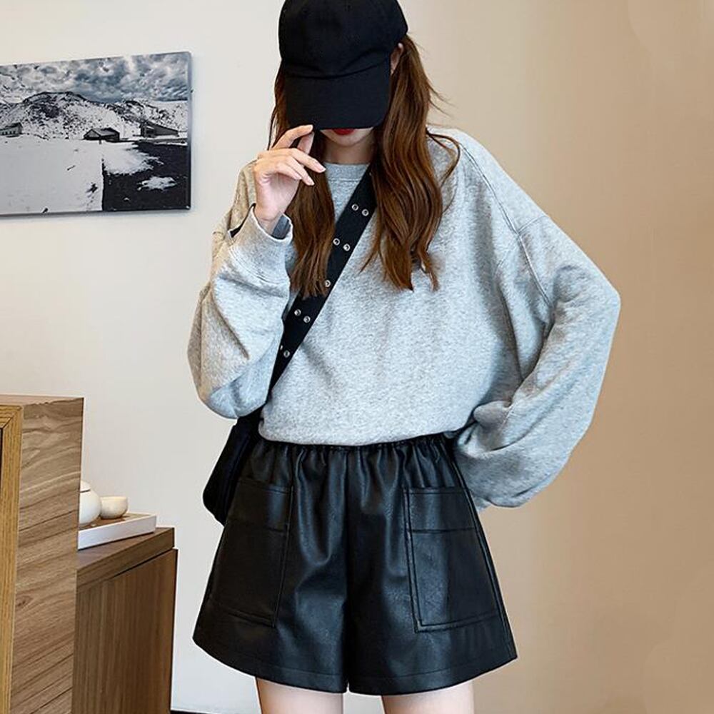 ショートパンツ PUレザー レディース 春秋 韓国 おしゃれ きれいめ ストリート カジュアル 大人 ウエストゴム ブラック 黒 レザーパンツ 大人可愛い 大人女子