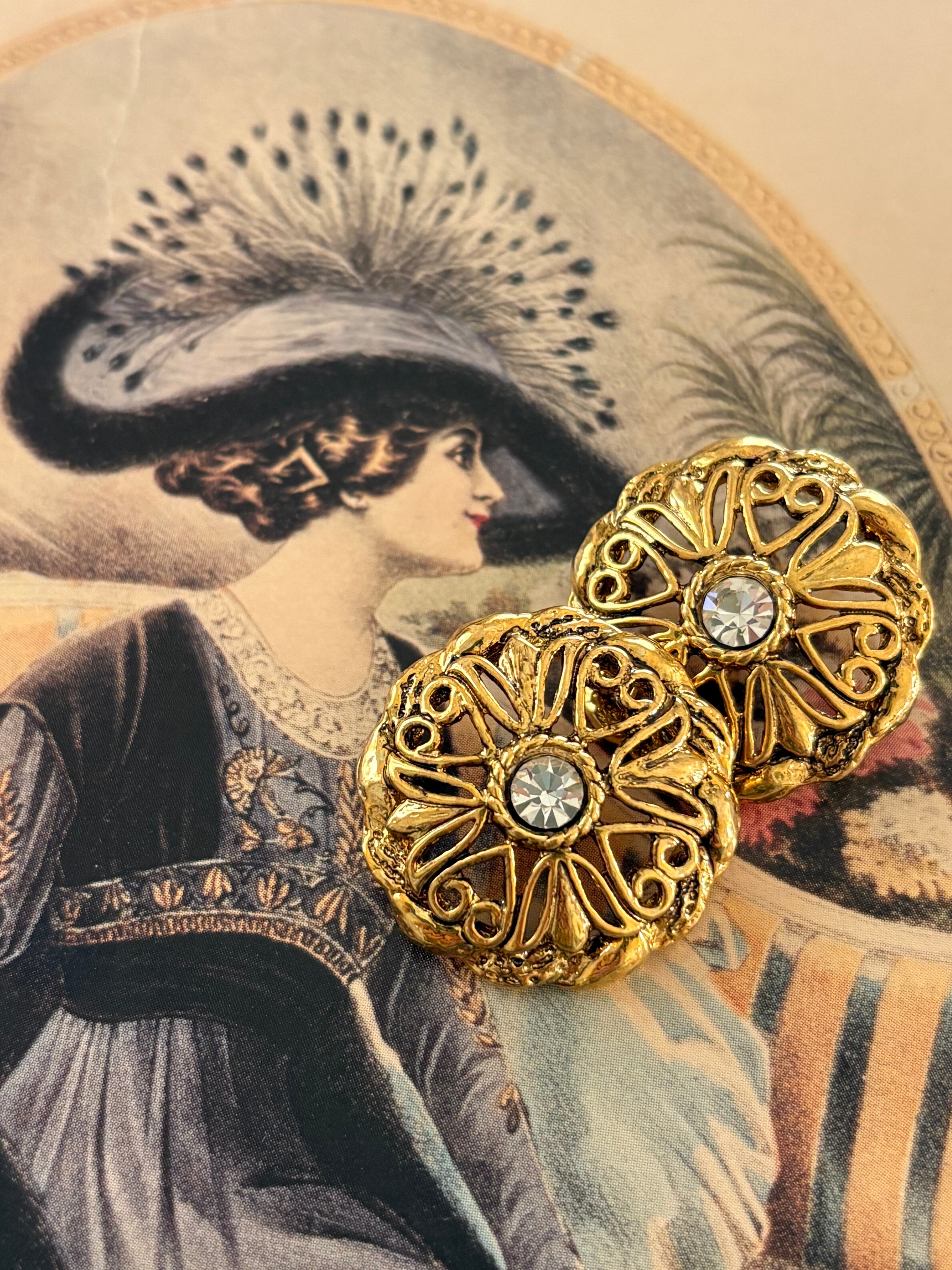 24mm Japanese ヴィンテージボタン メタル×ストーン 透かし ハート ゴールド アクセサリーパーツ 装飾材