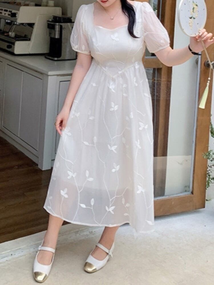 軽やかに纏うロマンティックなひととき リーフ柄ワンピース ハイウエスト パフスリーブ 上品 韓国 大きいサイズ CH9778