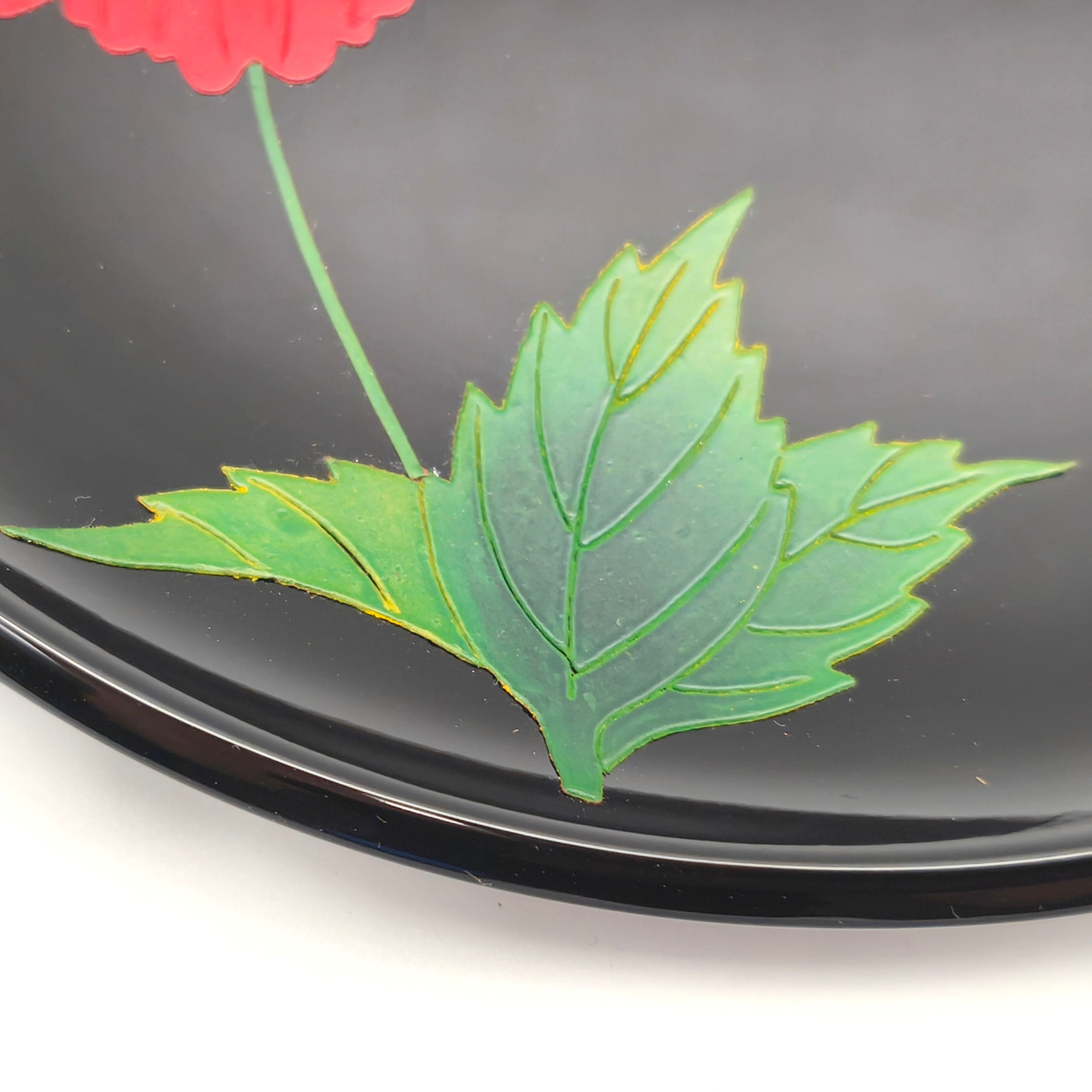 琉球うるし工芸・7寸皿・ハイビスカス・黒塗・琉球漆器・No.260916-44