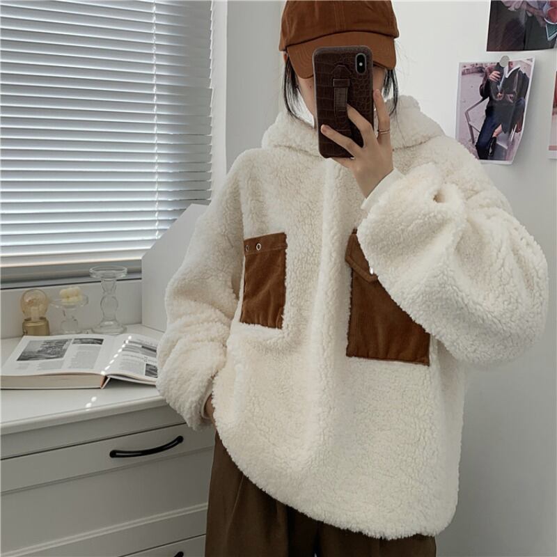 ウールショートコート オータムウィンターベルベットブラックフードプルオーバー セーター トップス コットン 秋物 冬物 ブラックストロベリース48629080458