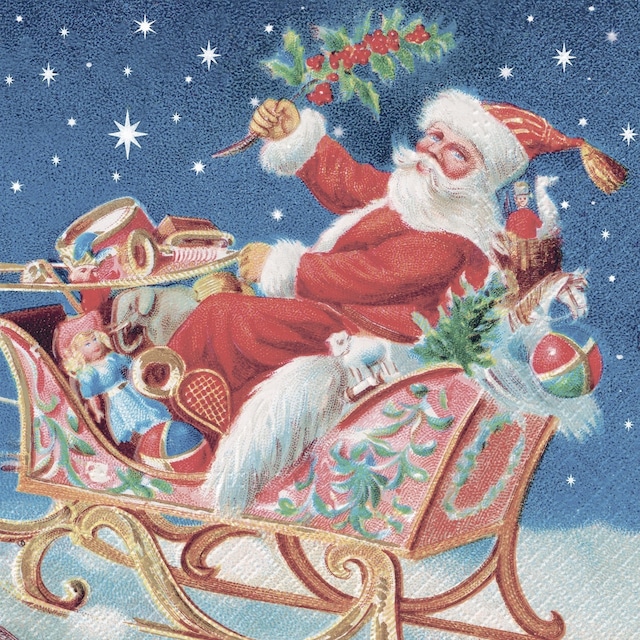 【TETE a TETE】バラ売り2枚 ランチサイズ ペーパーナプキン Santa Claus on a sleigh レッドxダークブルー