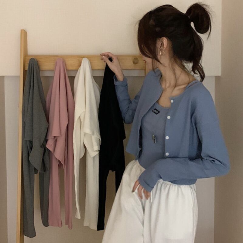 オータムラウンドネックショートルーズ薄手カーディガン ロング 秋物 Oネック YY-ファッション57779286330