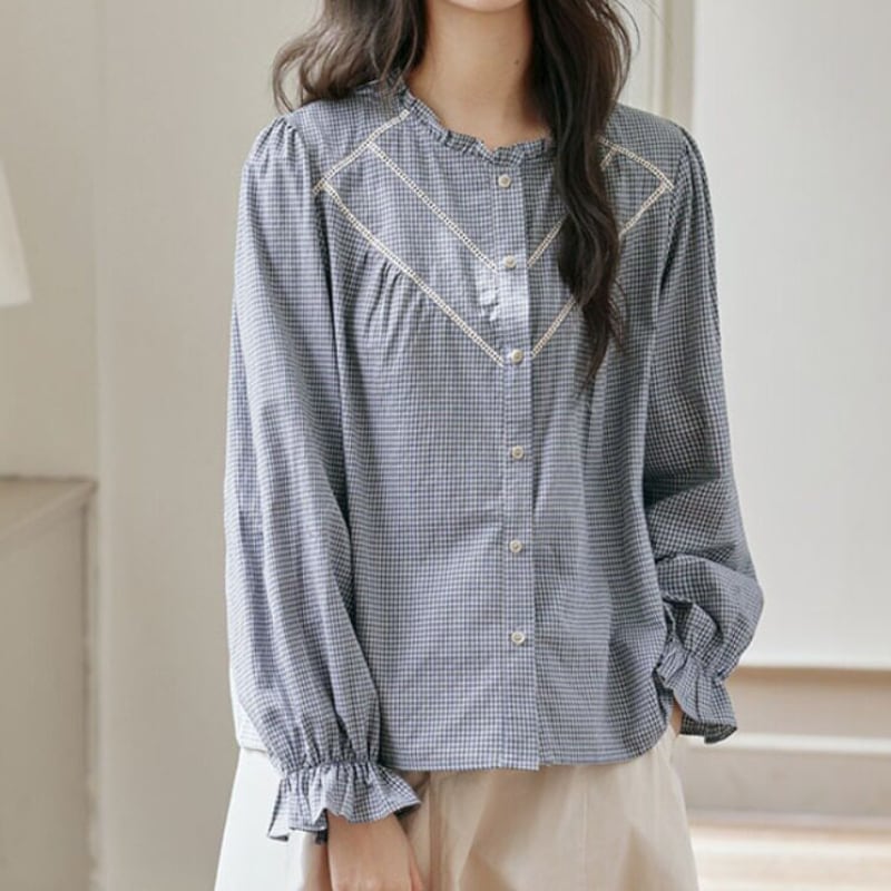 ギンガムチェック柄フリル襟ブラウス M2248