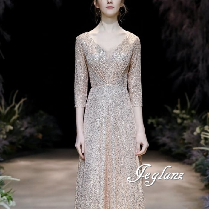 華やか パーティ イブニングドレス スパンコール 光沢感 7分袖 4色(M8907)ζ