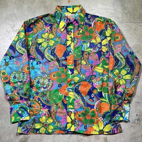 70's SKYR 総柄ナイロンシャツ SCANDIA TRADING CO INC サイケデリック ヒッピー Peter Max ピーターマックス グッドコンディション M~L相当 希少 ヴィンテージ BA-1911 RM2330H