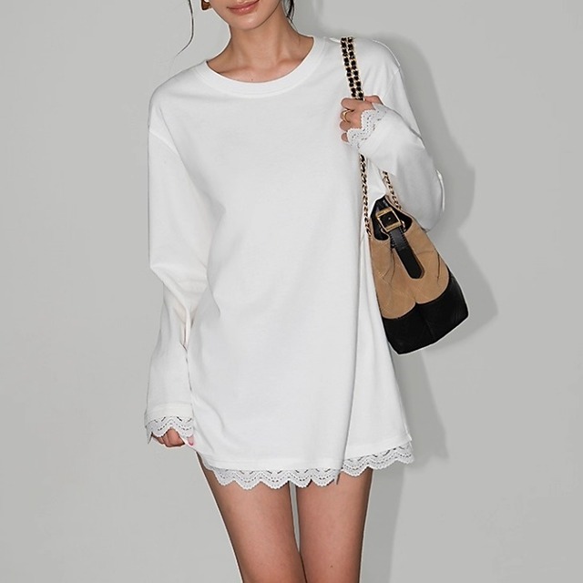 レーストリムラウンドネックルーズＴシャツ［S-L］