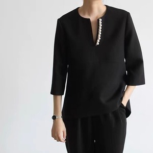 即納商品　pearl V cut tops（2color）ブラックS＜t476＞　