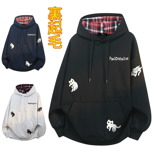♥裏起毛猫パーカー！【ImcTLシリーズ】★パーカー★ 4color トップス 男女兼用 メンズ レディース チェック柄