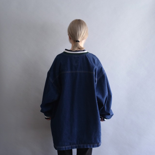 over size one point logo v-neck denim pullover