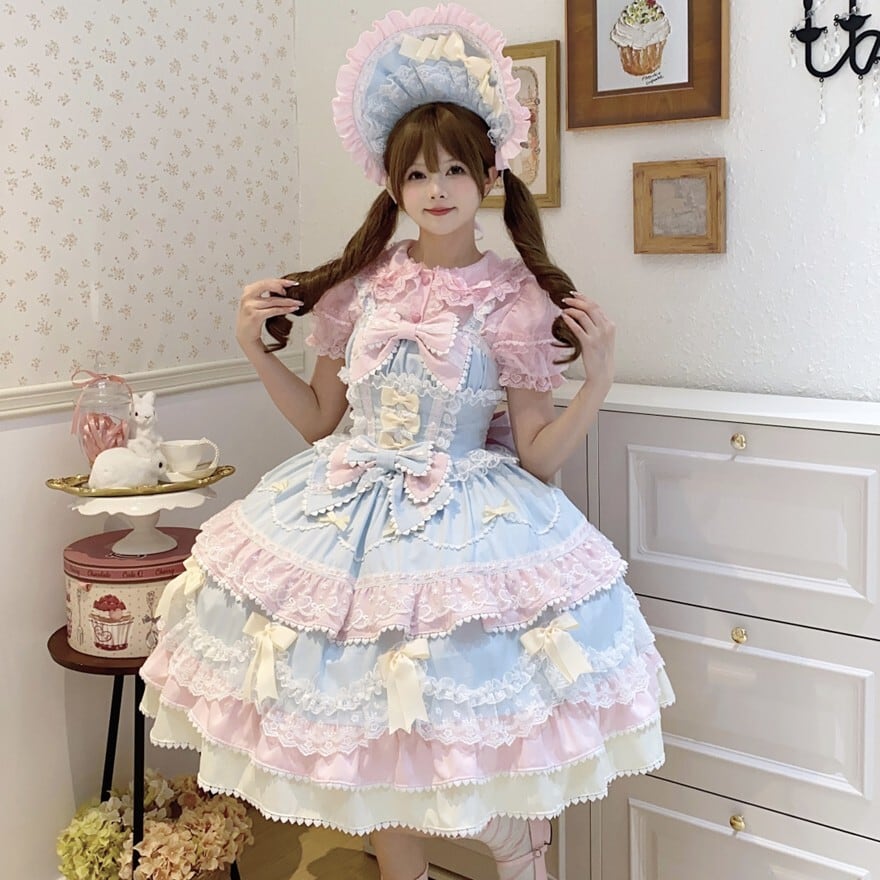 甘ロリ JSK レース×編み上げ ピンク×グリーン 4色展開｜WithU