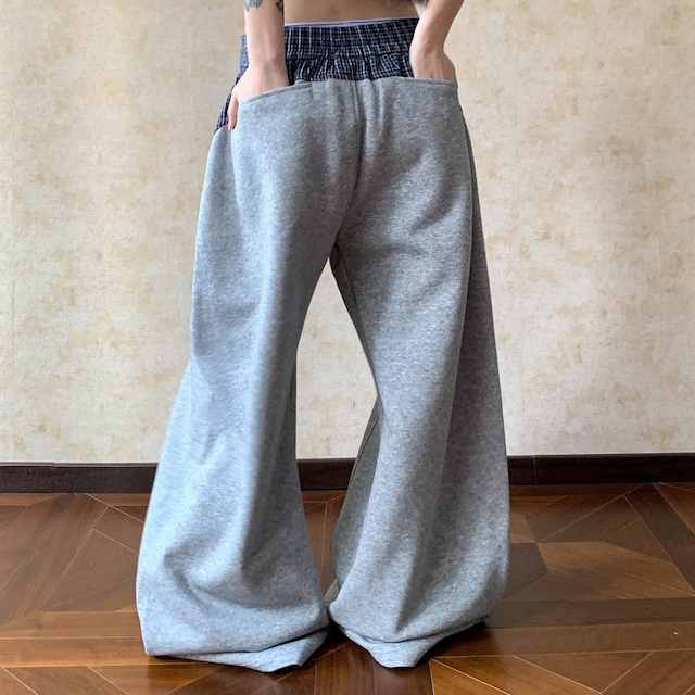 チェックレイヤードドローストリングワイドパンツ 2col R01663