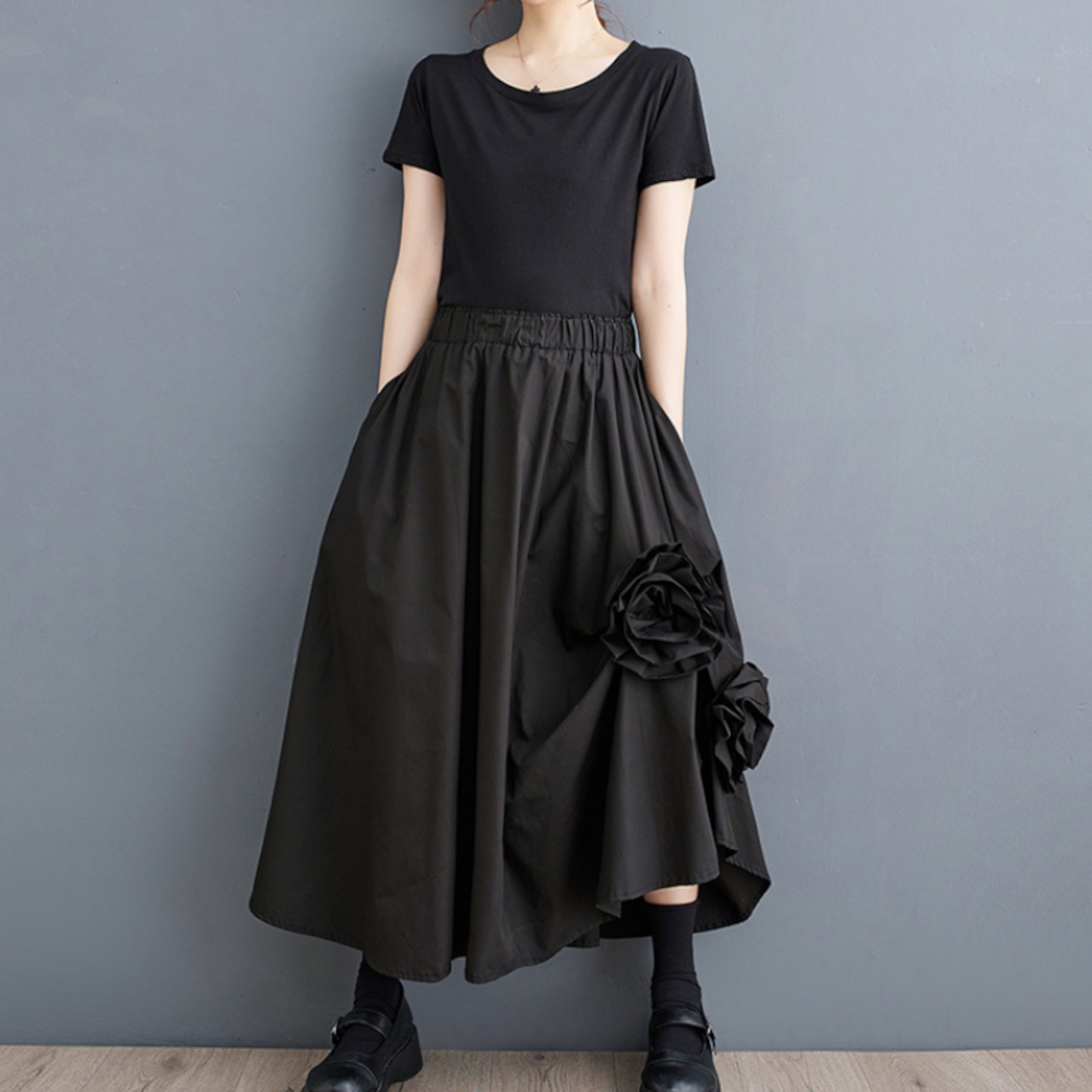 アシンメントリーヘム 立体フラワー スカート 00007