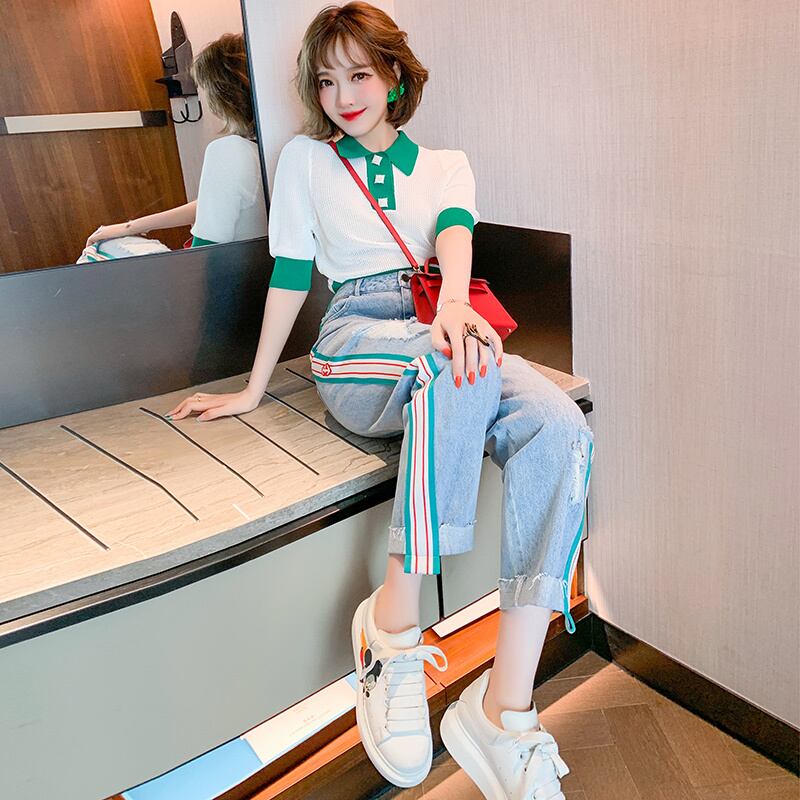 ニット半袖スリーブトップス ジーンズ スプリング ショート ハーフスリーブ 春物 MIUCO1445753488