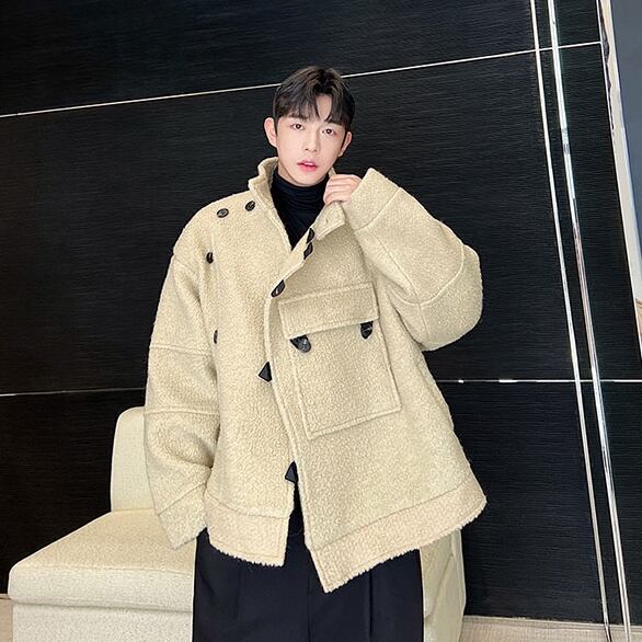 【予約販売】ブルゾン アウター ボア ポケット シンプル ハイカラー ベージュ ブラック ジャケット ショート丈 メンズ カジュアル 男前 こなれ感 お洒落 韓国 トレンド 秋 冬 M/L/XL