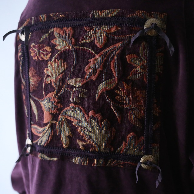 gobelins fabric switching and patchwork full-zip fake suede jacket