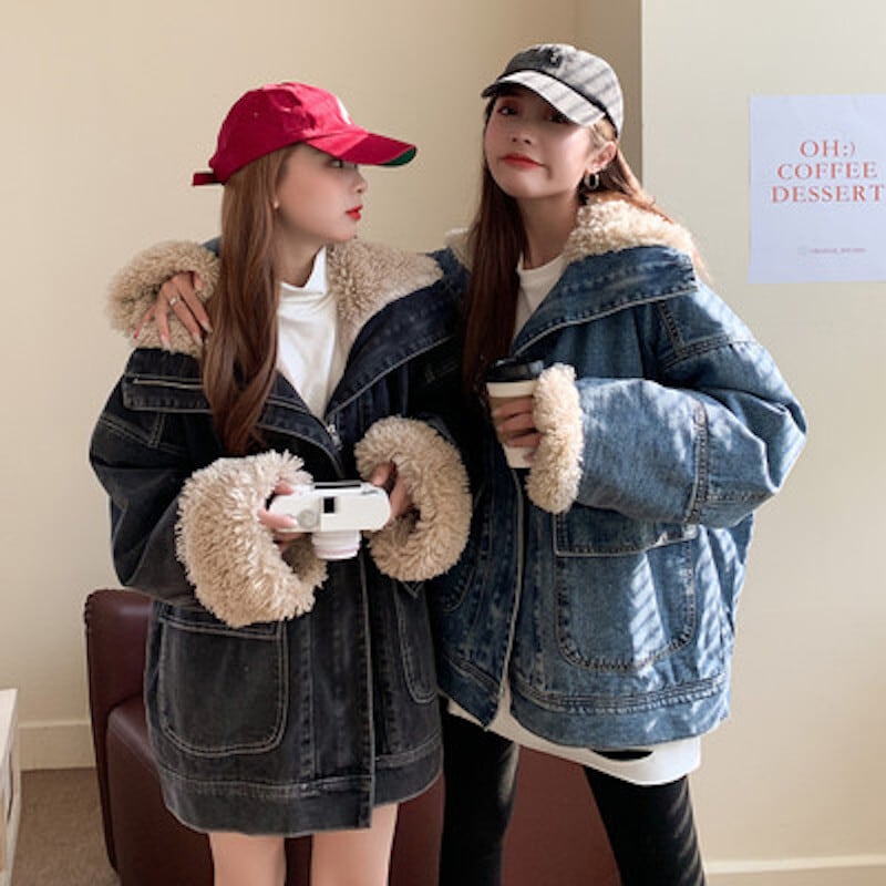 送料無料 双子コーデ デニムブルゾン Gジャン ボア もこもこ カジュアル 暖か 着まわし 羽織 ボア Lamitte Deco トレンド 韓国ファッション ショップ Base店