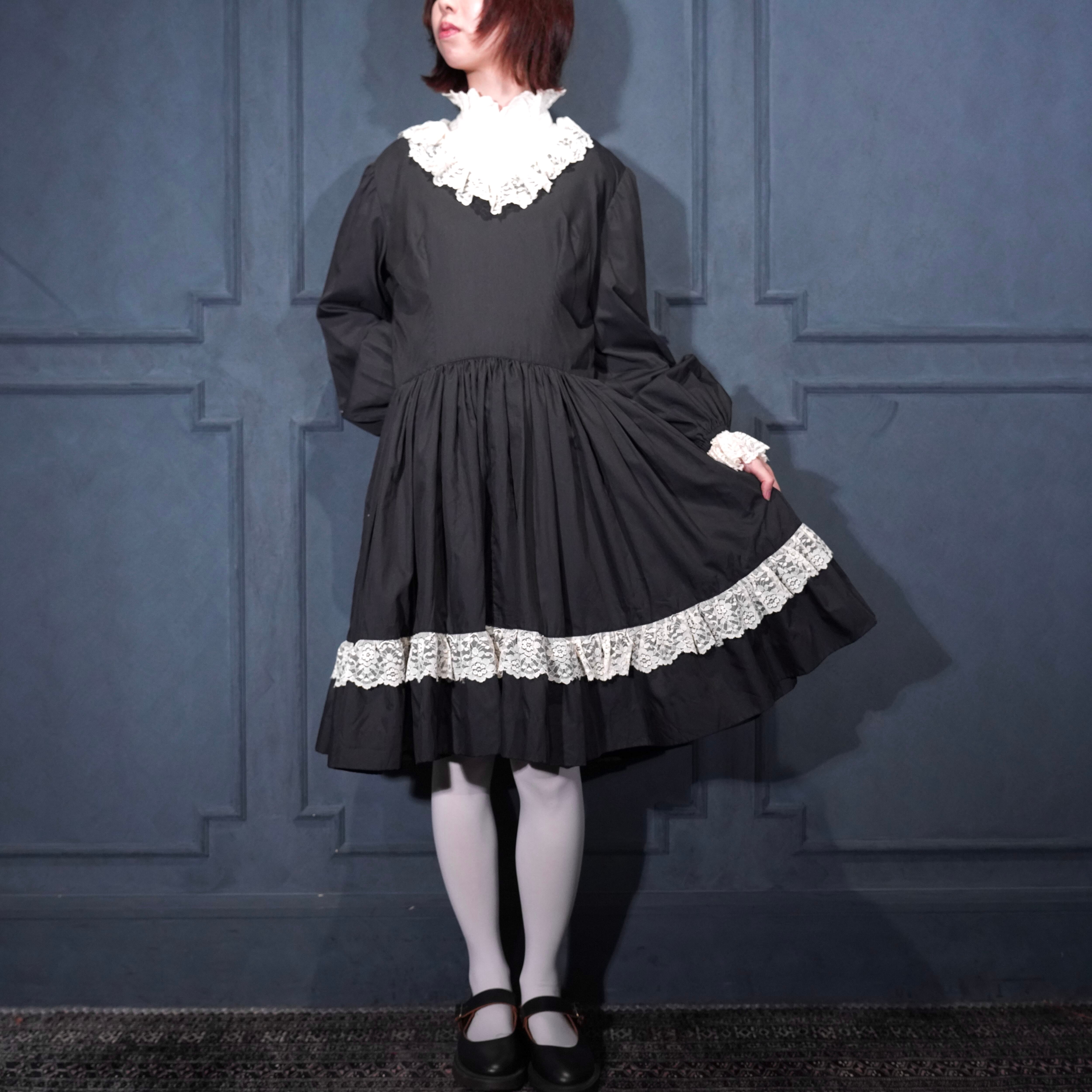80s USA vintage レース襟 ロングワンピース ヴィンテージ 黒色 fbfadb5a8fc56ccc7dc55af41955ee