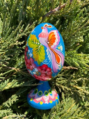 ペトリキウカ塗り　木製プィサンカ・スタンド一体型（イースター・エッグ）9cm（ホメンコ作）