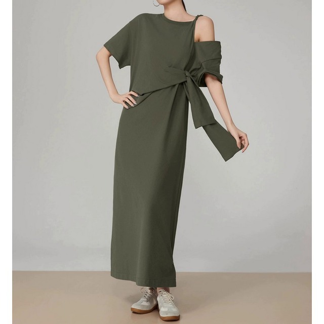 One-Shoulder Waist Ribbon Belt Maxi Sleeveless Dress　W00383