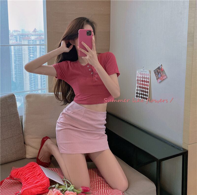 サマースタイルスタンダード格子柄スカート ボタン レトロ 夏物 ドラファッションホール44745825622