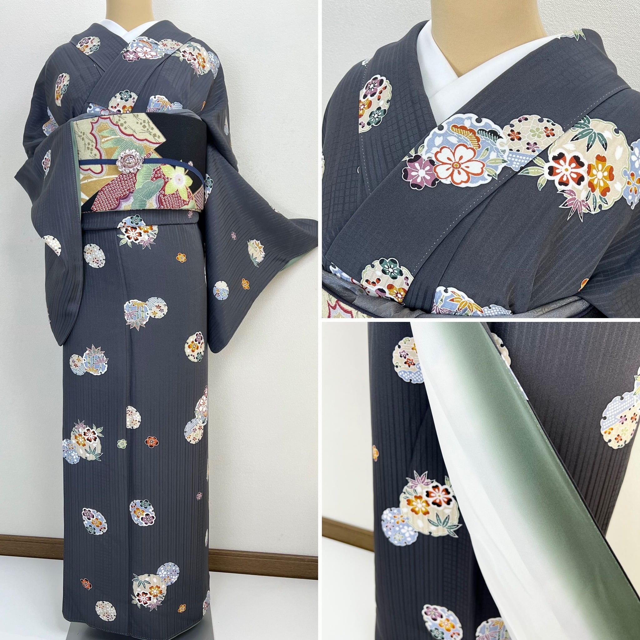 逸品 正絹 本塩沢 お召し 糸車 小紋 袷 - 浴衣/水着