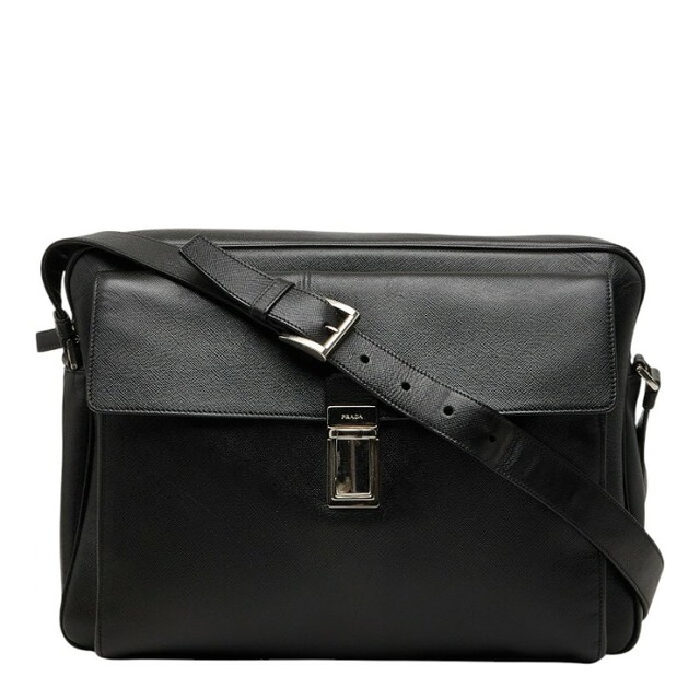 プラダ 三角ロゴプレート 斜め掛け キャリーオン ショルダーバッグ ブラック サフィアーノレザー メンズ PRADA 【中古】